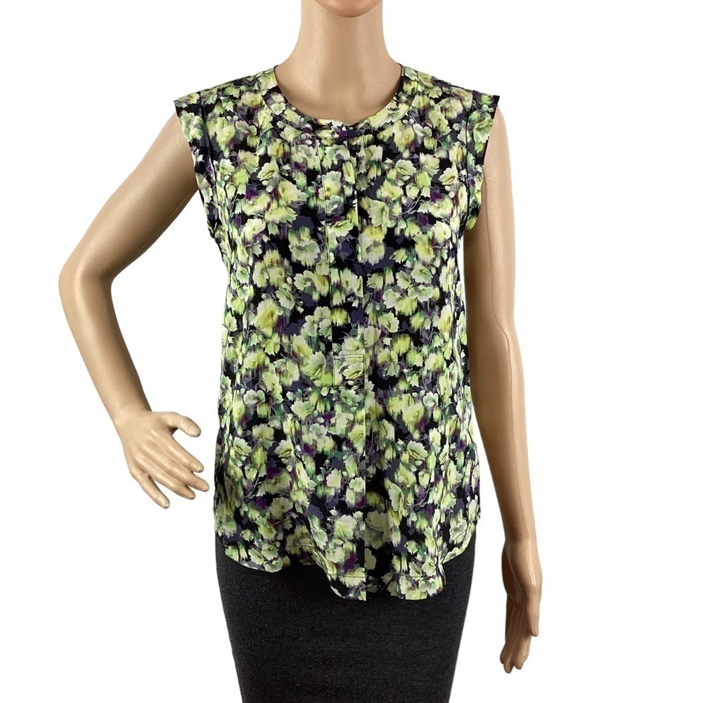 J.Crew Blouse Size 0 Green Floral Silk Sleeveless Top